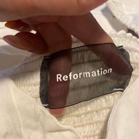 Reformation Cream Peplum Button Front With Puff Tie Sleeves Crop Top Size 4 - Picture 3 of 7